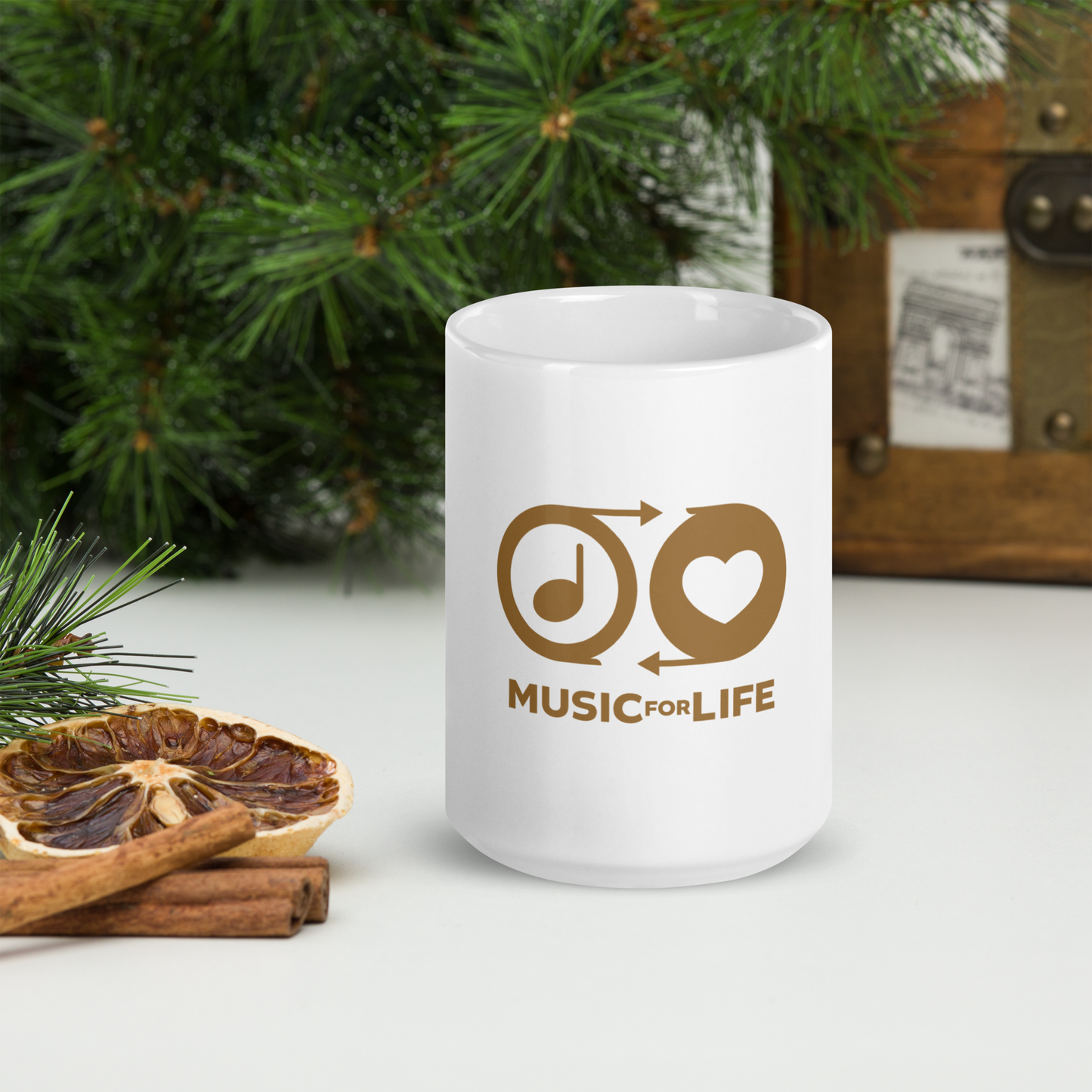 Music For Life White Coffee Mug, Gold Logo, Fan, Merch